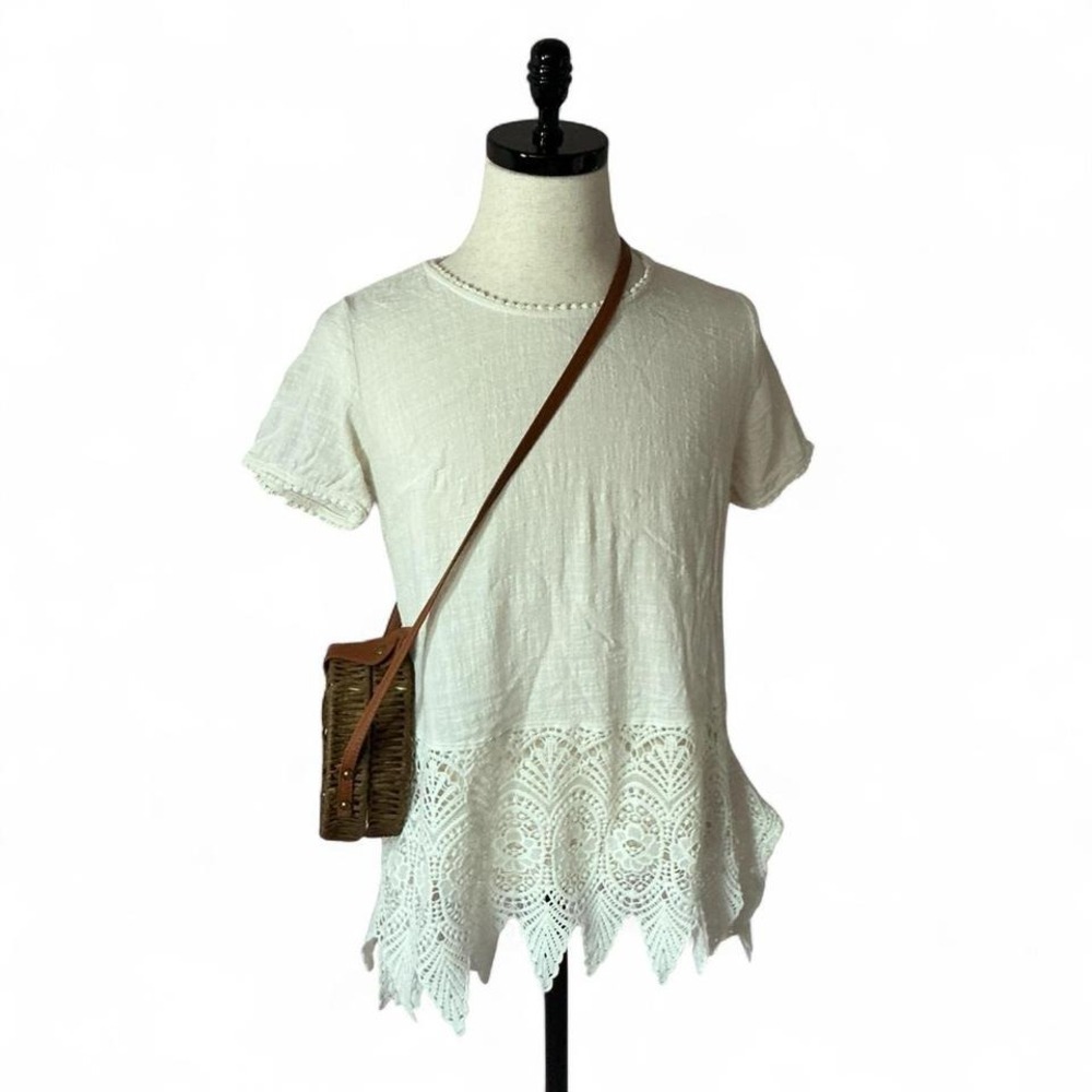 Solitaire Festival Boho Lace Hem Gauze Blouse Womens M White Crochet Pom Top